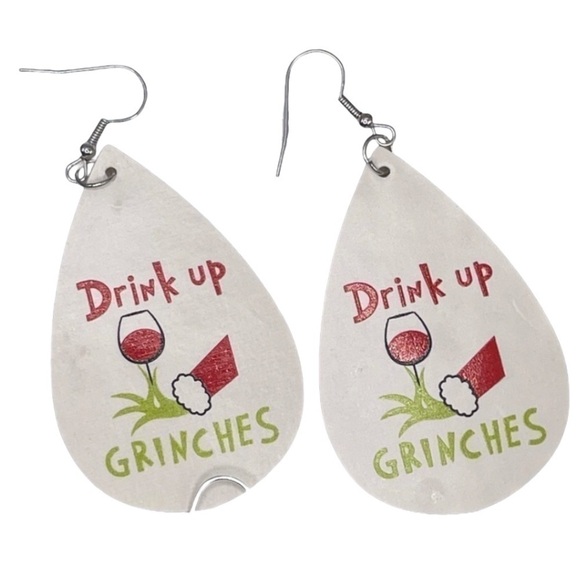 Grinch Drink Up Grinches Holiday Faux Leather Teardrop Earrings New in Package - Picture 8 of 9